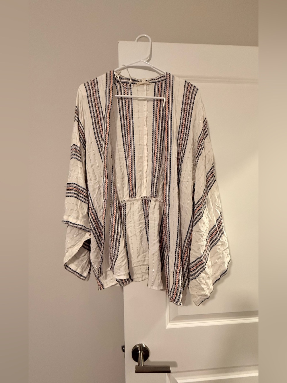 Women's White Striped Open-Front Kimono Cardigan